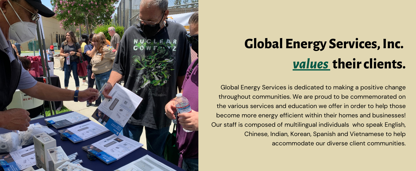 Global Energy Services, Inc. values their clients. Global Energy Services is dedicated to making a positive change throughout communities. We are proud to be commemorated on the various services and education we offer in order to help those become more energy efficient within their homes and businesses! Our staff is composed of multilingual individuals who speak English, Chinese, Indian, Korean, Spanish and Vietnamese to help accommodate our diverse client communities.